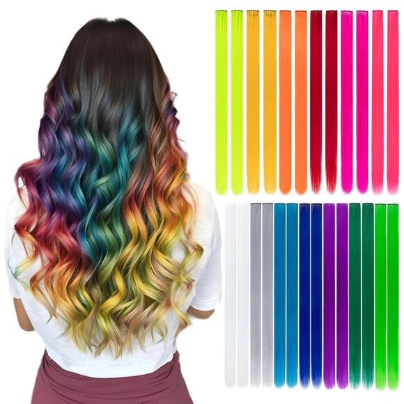 NEW 26 Piece Set Girls Hair Extensions Rainbow Clip In Synthetic Hair Pieces